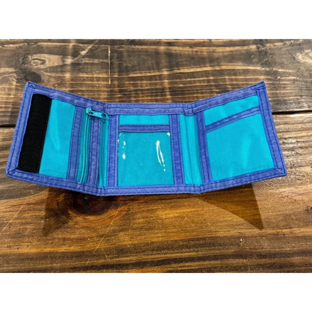 Vintage Catalina Mens Trifold Wallet Blue Teal Nylon Velcro 1990s Retro Striped